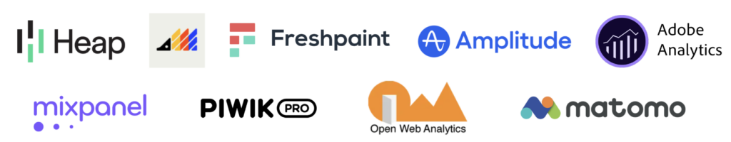 Analytics Logos: Heap, Freshpaint, Amplitude, Adobe Analytics, mixpanel, PIWIK Pro, Open Web Analytics, matomo